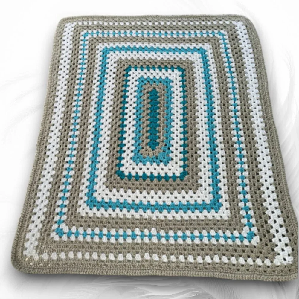 Handmade Crochet Granny Square Blanket 32 x 37 inch Teal Gray White